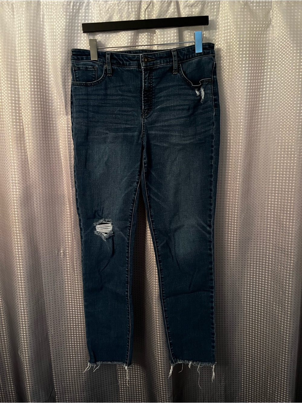 Chico's Dark Wash Girlfriend Slim Leg Jeans with Distressed Detail
